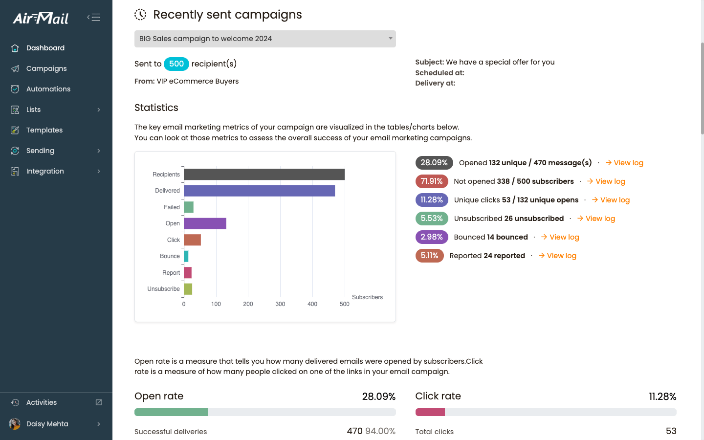 Seanergy AirMail Recently Sent Campaigns